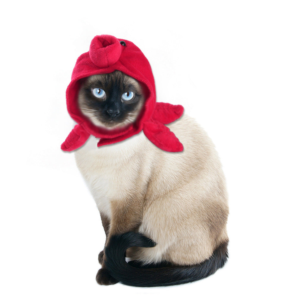 Red animal hood pet hat with a small pompom top and a front opening for the face