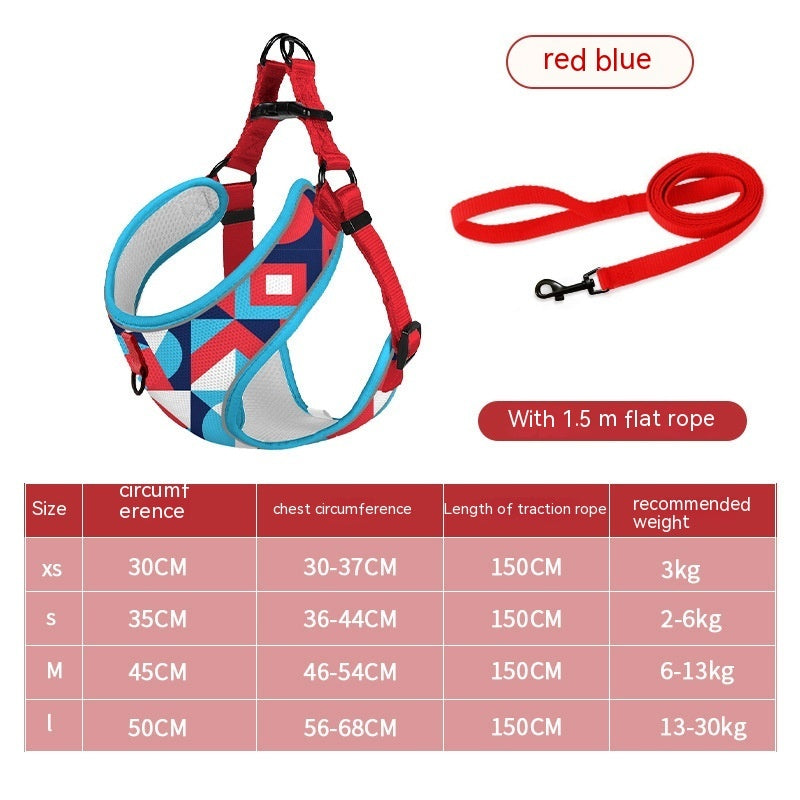 Red blue geometric dog vest harness with flat rope leash and matching straps