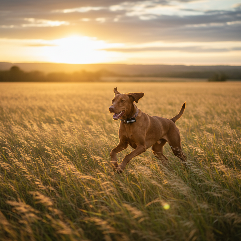 Smart GPS tracker attached to a dog collar on a brown dog