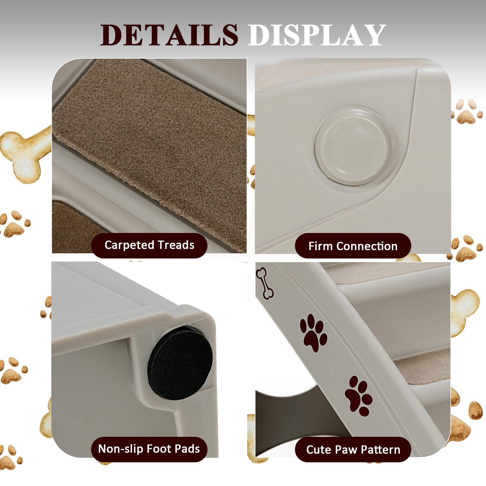 Pet stairs detail view: carpeted treads, push button, paw decals, and non-slip pads
