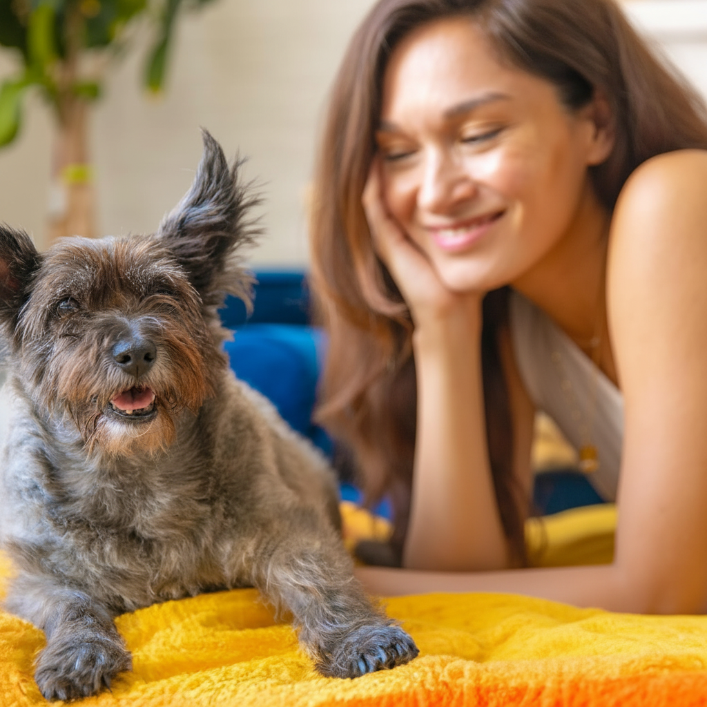 Dog allergy chews: small gray dog lying on yellow blanket beside smiling woman