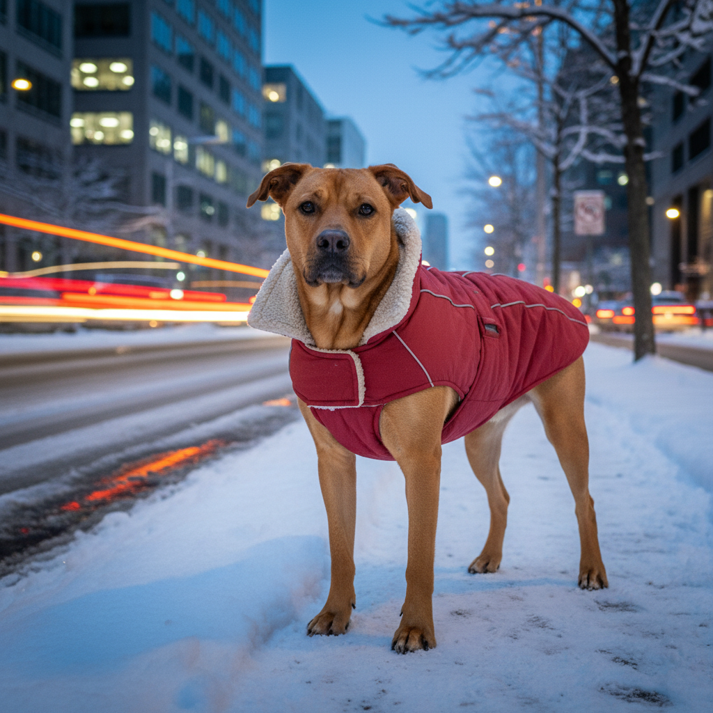 Fleece-lined padded dog coat, burgundy-red with gray fleece collar for warmth