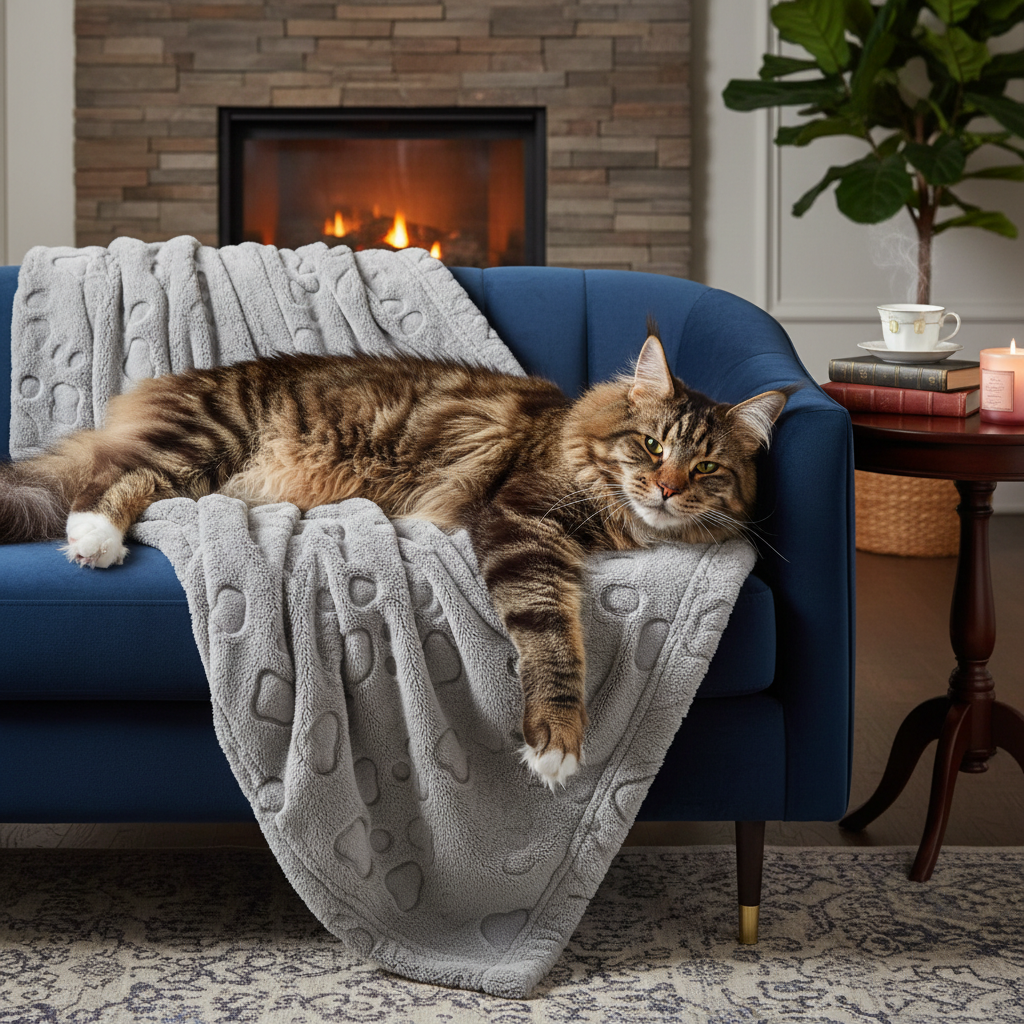 Gray embossed fleece pet blanket with paw print design, draped over couch