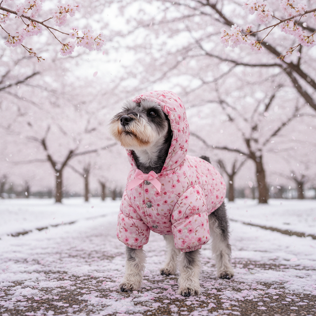 Floral hooded puffer dog jacket in pink with front zipper, all-over blossoms