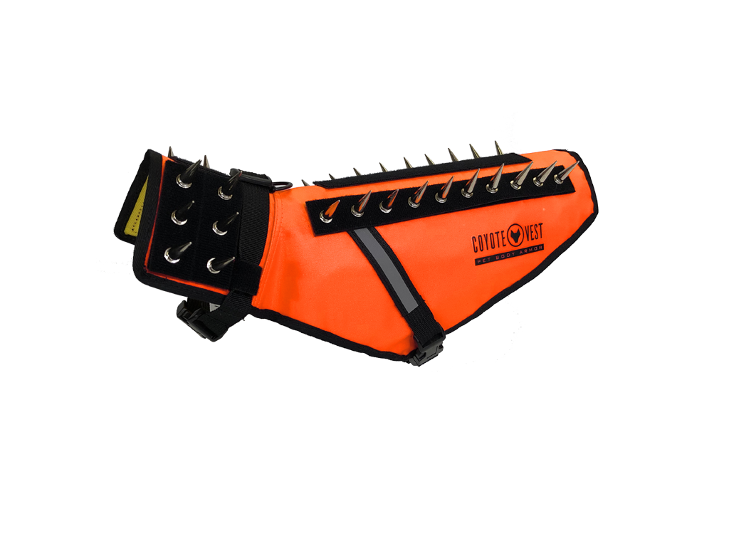 Fluorescent orange spiked dog harness vest with metal D-rings and front strap