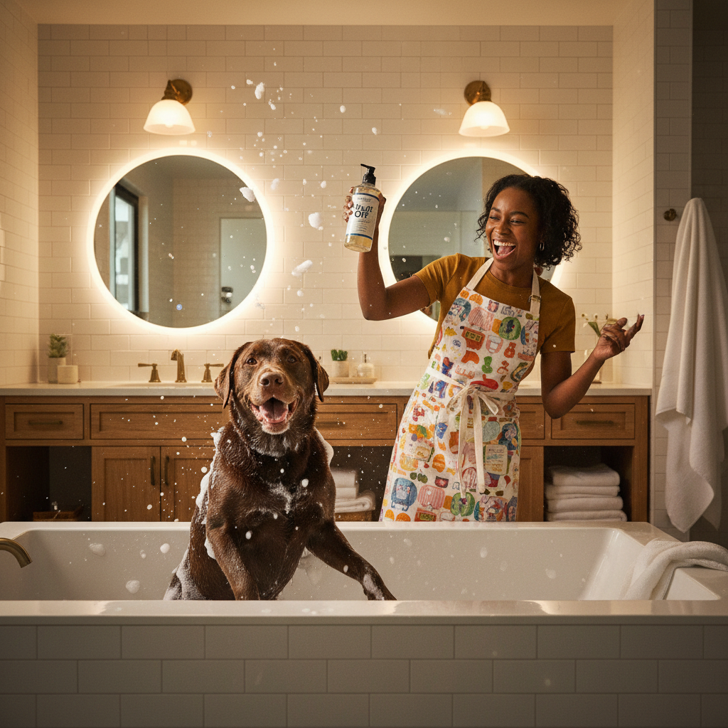 Pet shampoo bottle with orange label for dogs and cats, deshedding formula