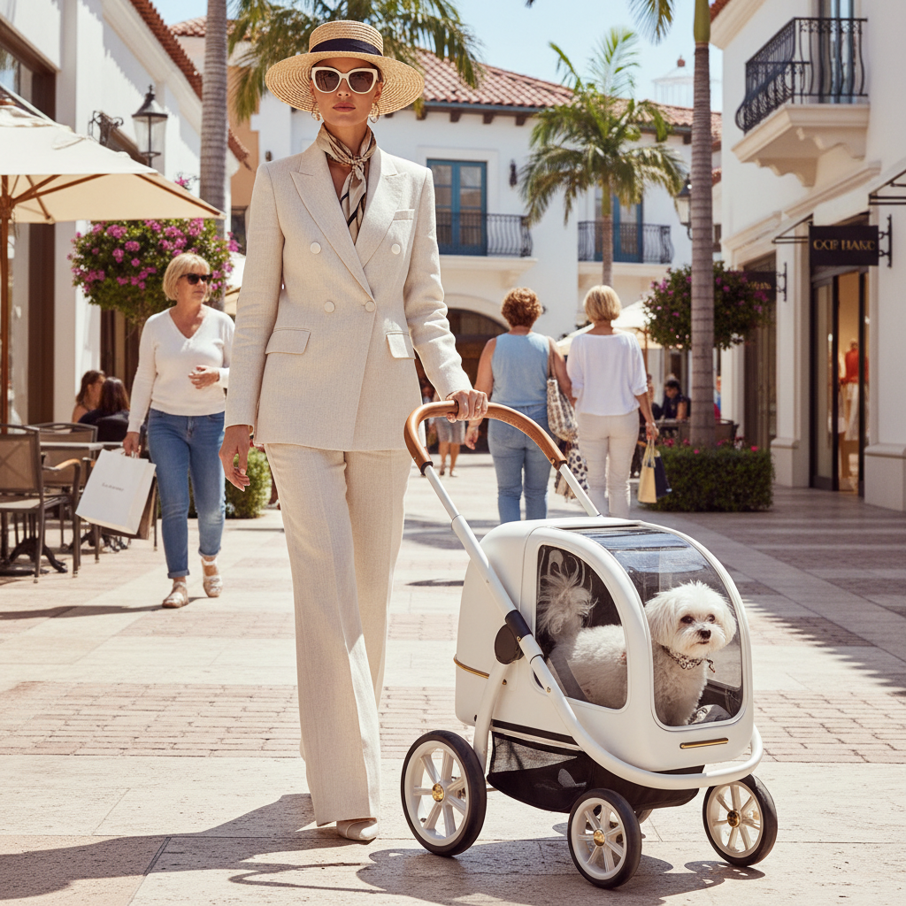 White ventilated 2-in-1 pet carrier stroller with wooden handle and one-pull door