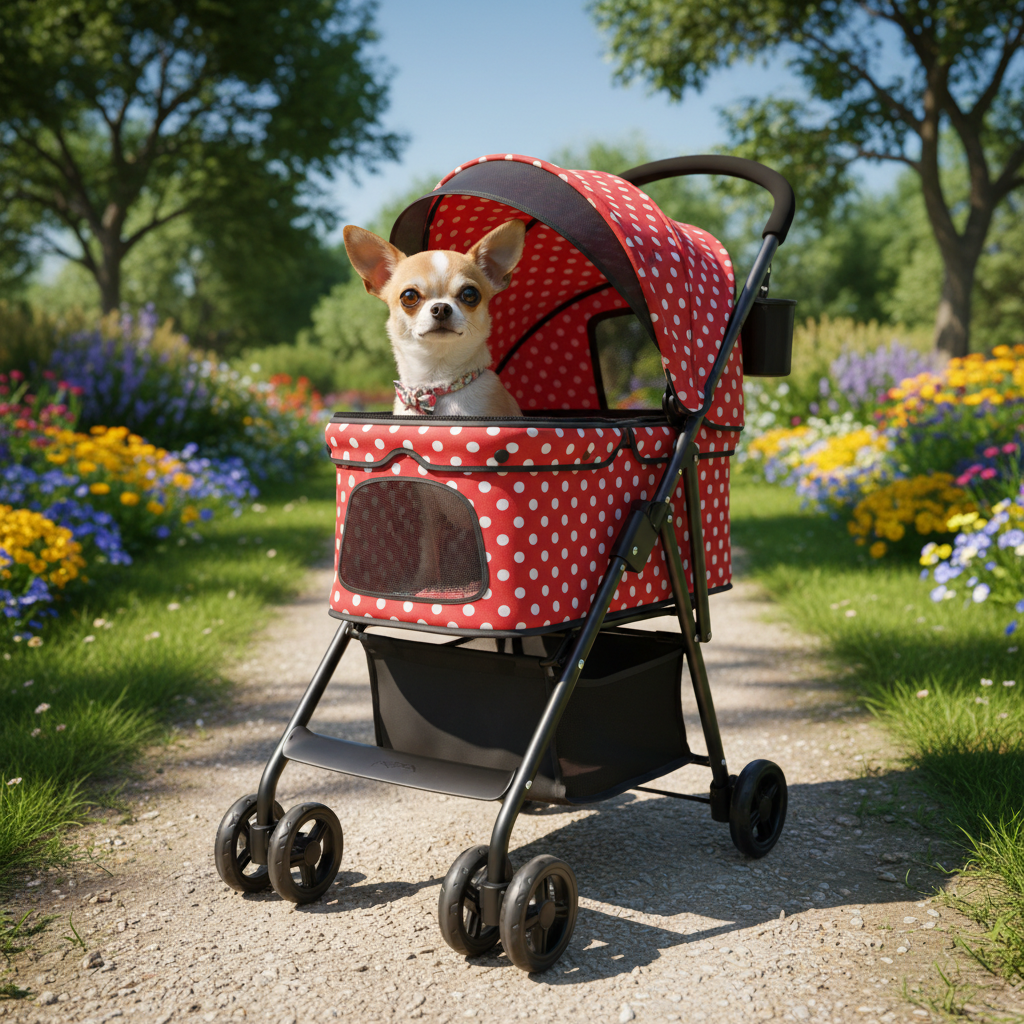 Foldable Pet Stroller - Red Polka Dot Chihuahua