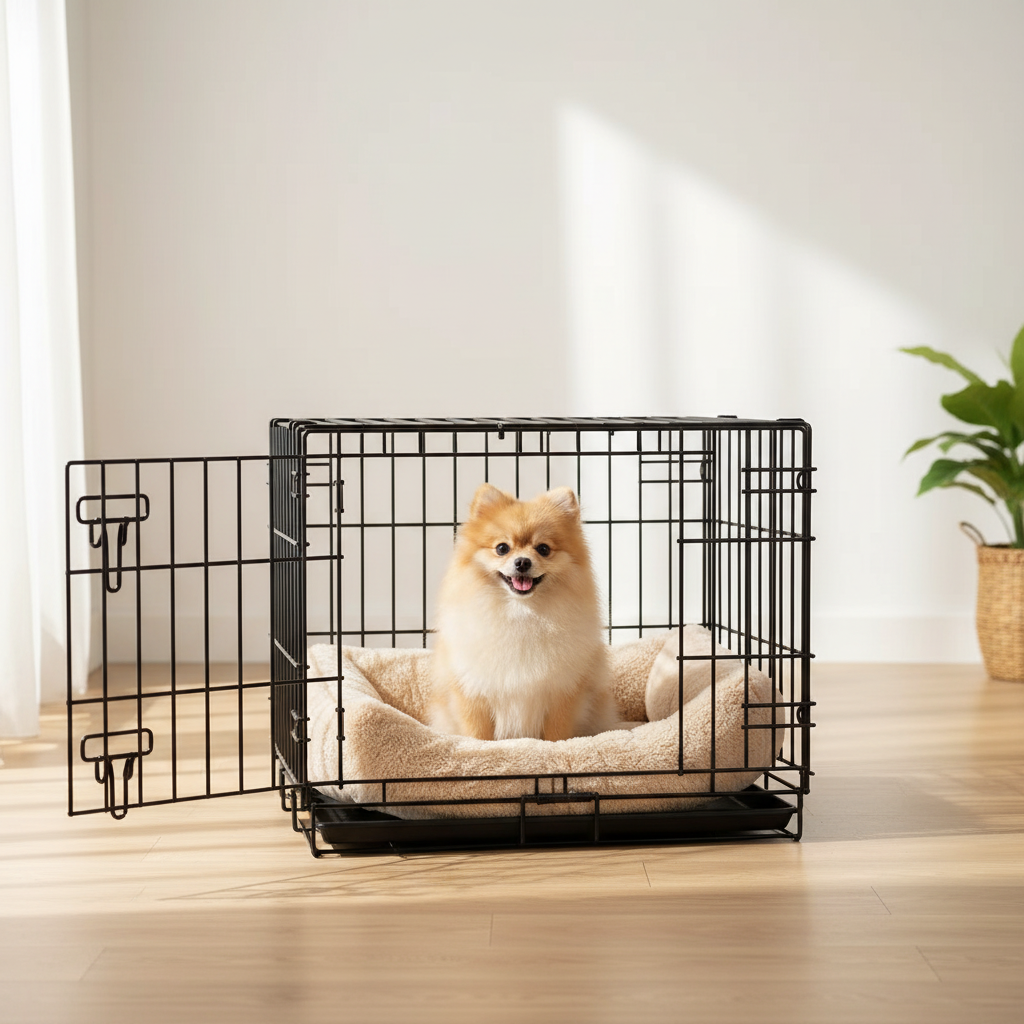 Black folding wire dog crate with open front and cushioned insert, small pet size