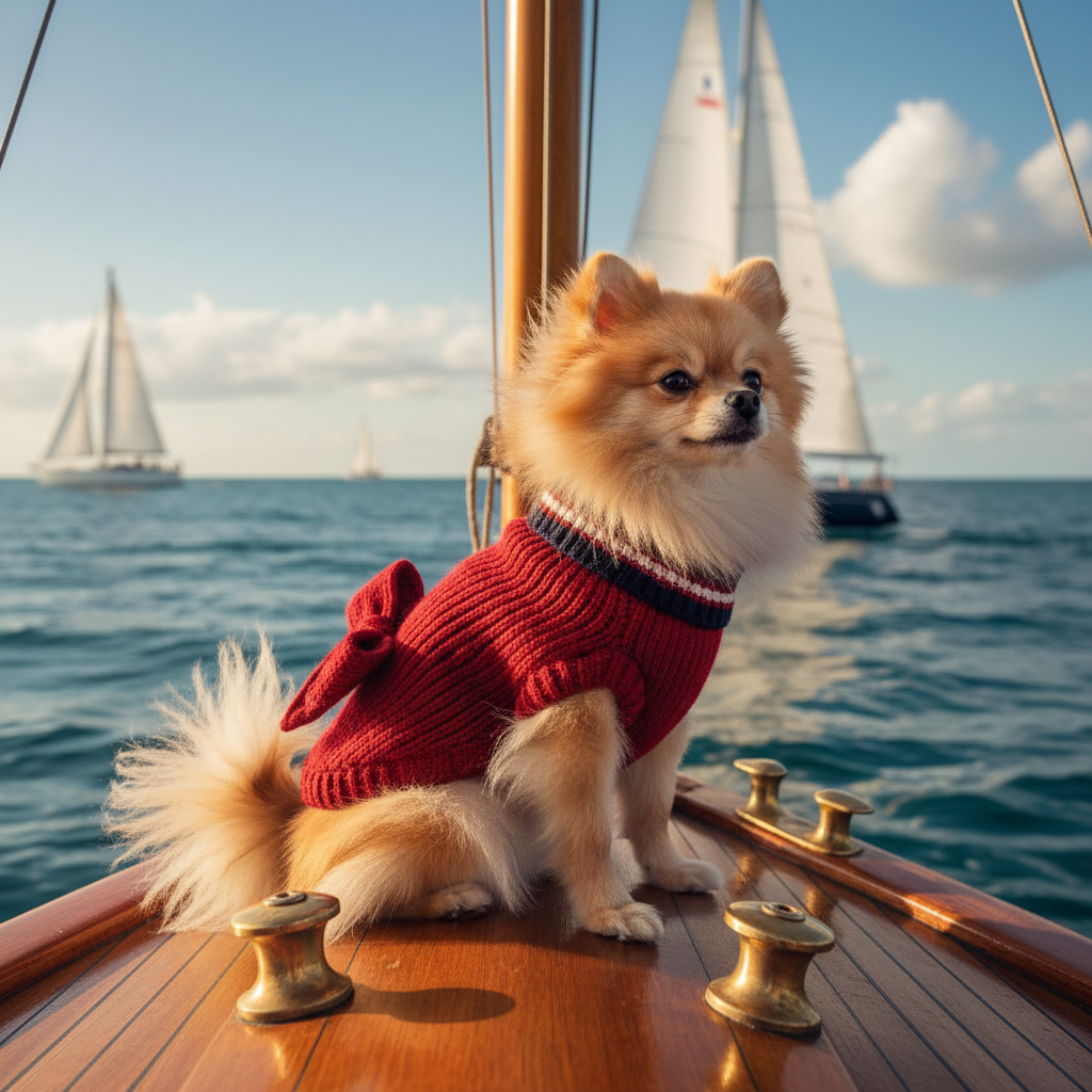Red knitted dog sweater with ribbed turtleneck for small pets