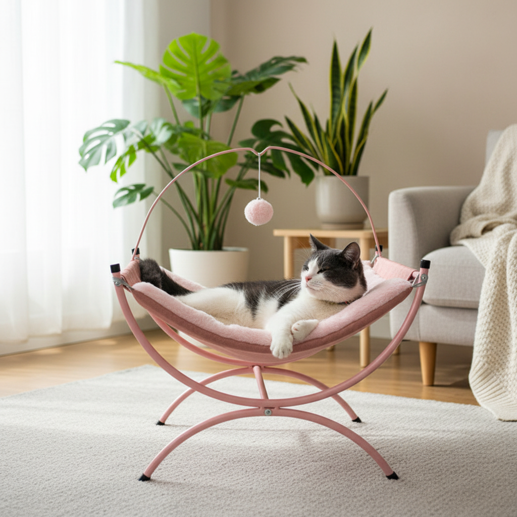 Pink cat recliner hammock bed with metal frame and hanging ball toy