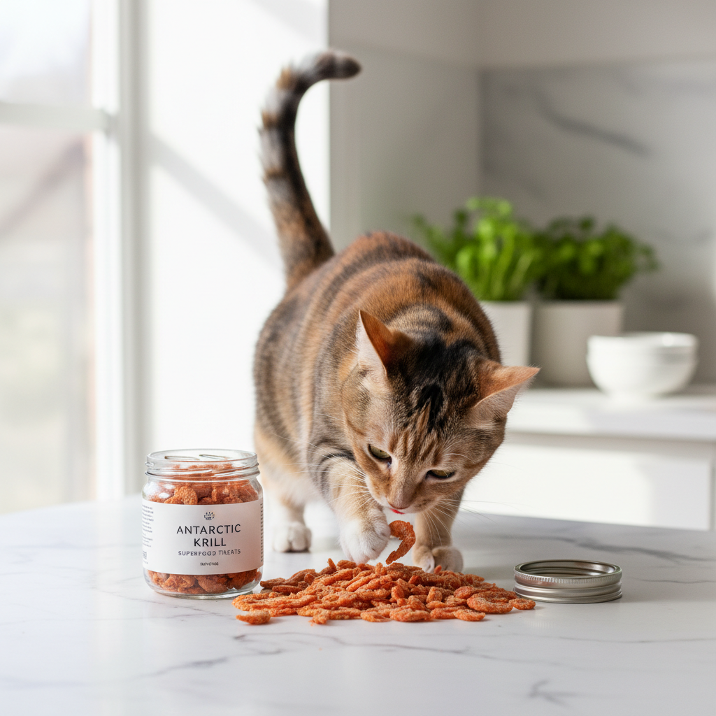 Freeze-dried krill cat treats with jar and pile of orange dried krill on table