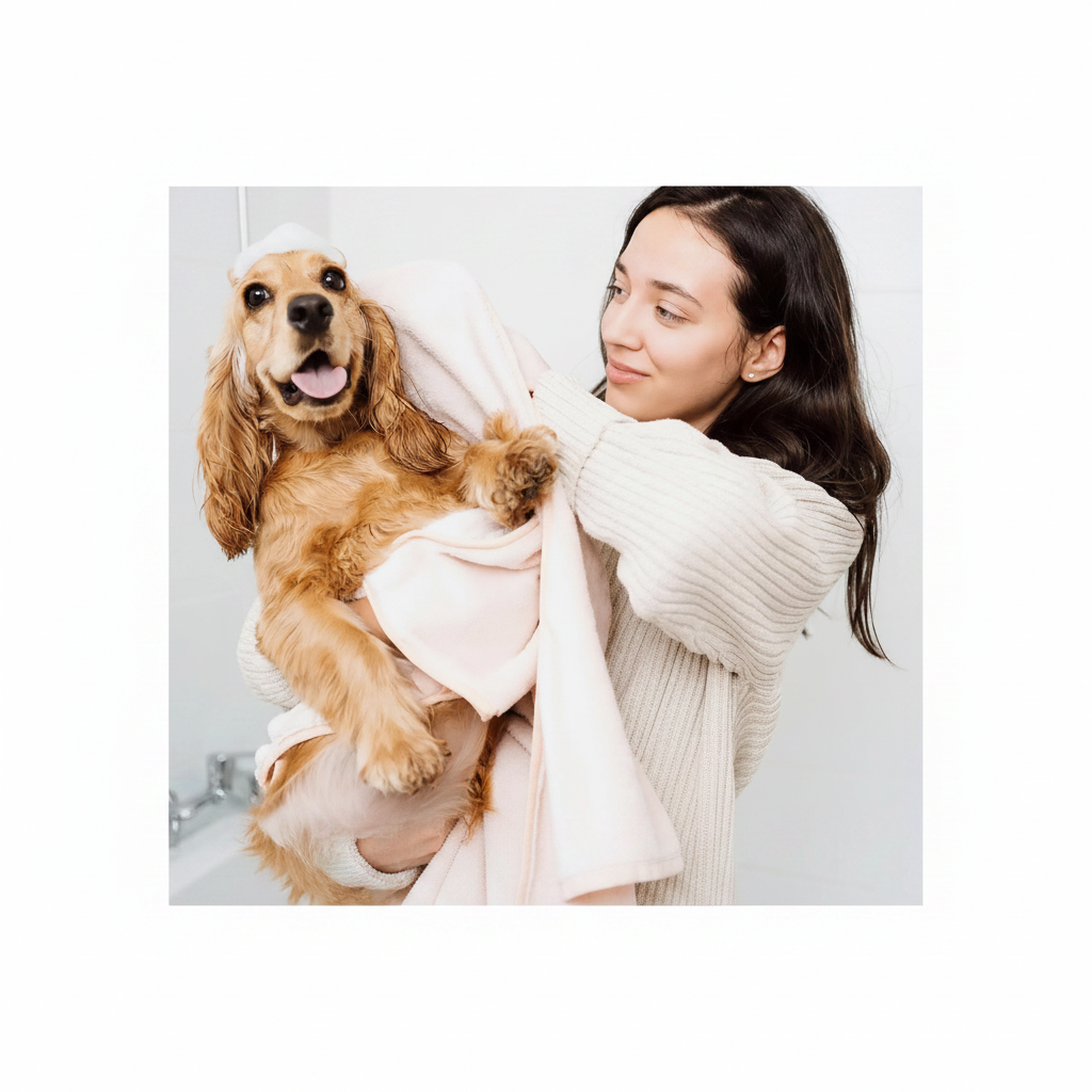 Dog shampoo and conditioner set: woman holding a brown dog wrapped in a white towel