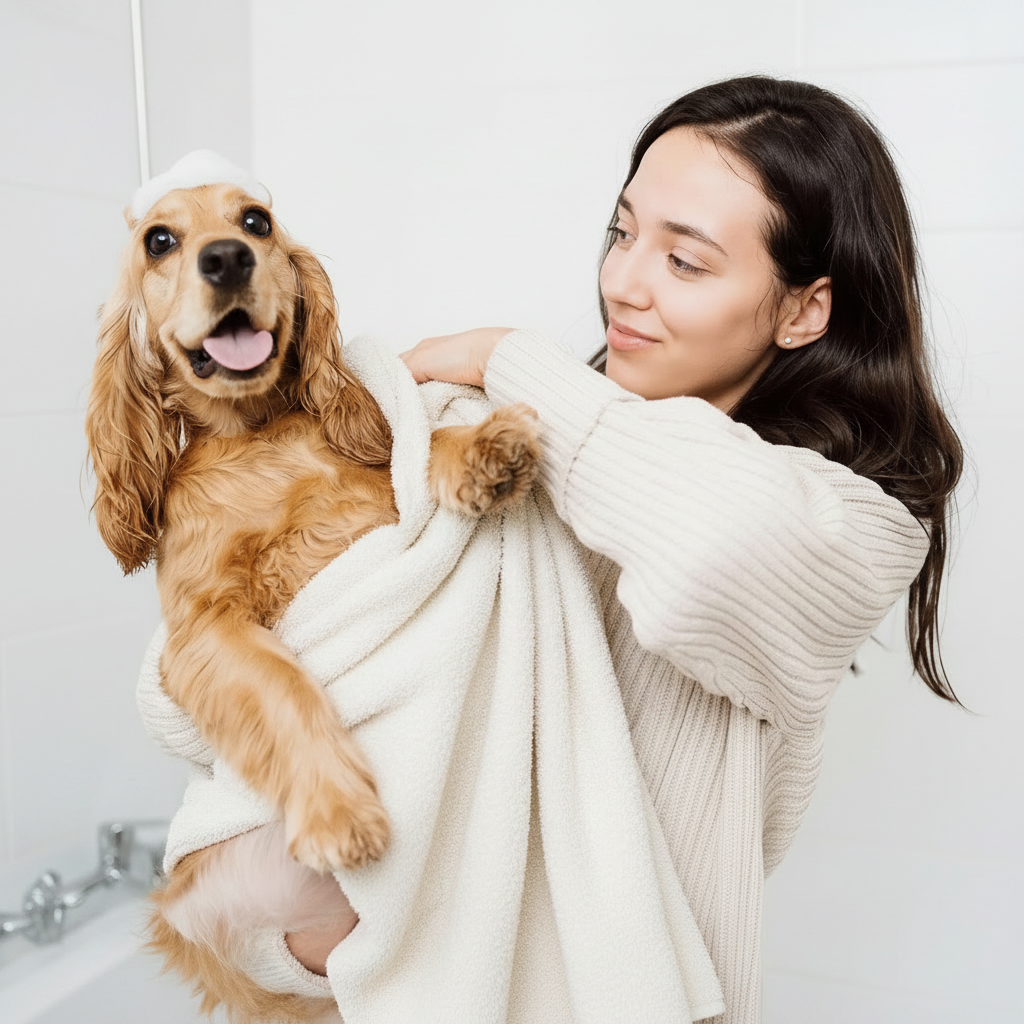 Dog shampoo and conditioner set: woman holding a brown dog wrapped in a white bath towel