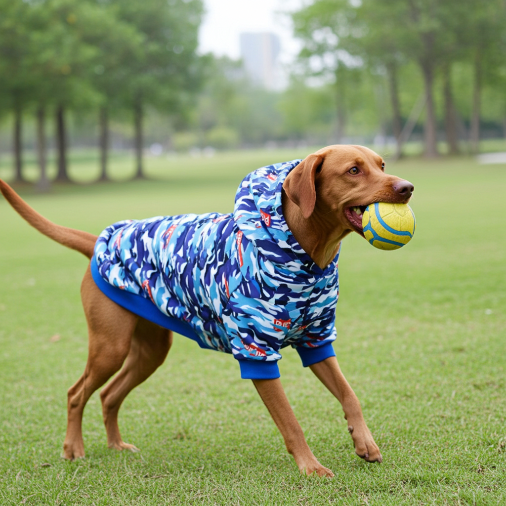 Pet dog wearing a blue camouflage hoodie with hood and multicolor logo print.