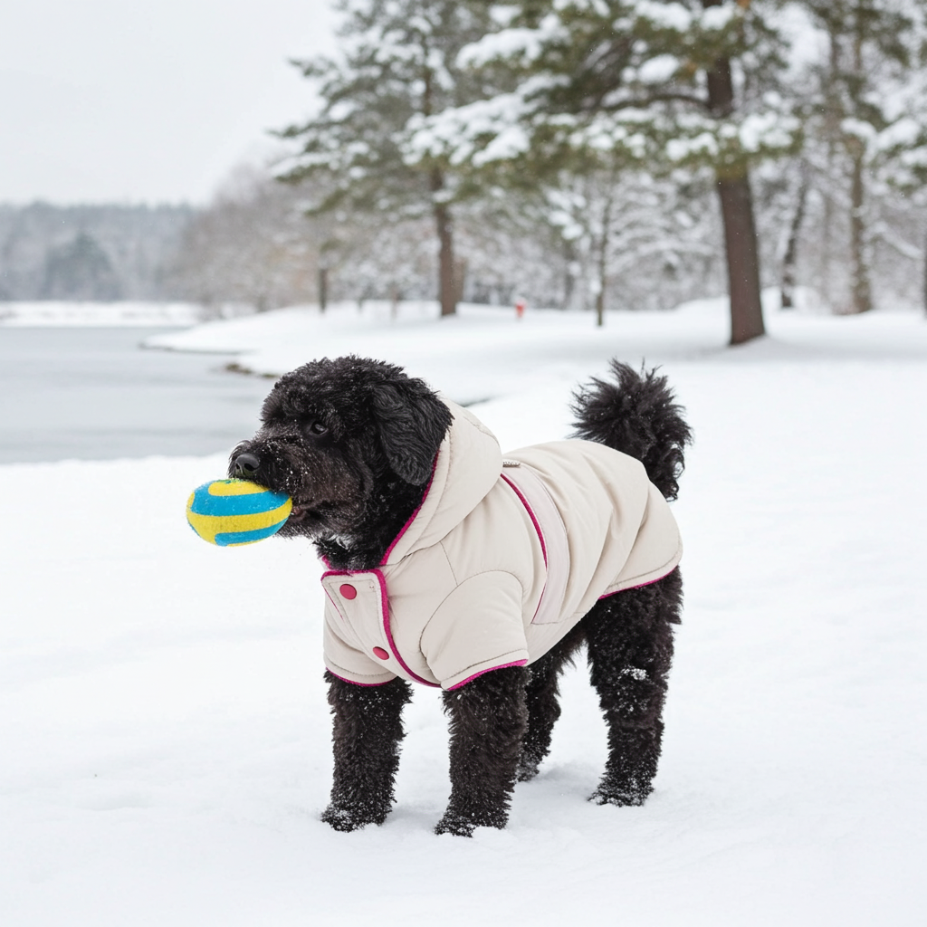 Cream insulated dog jacket with magenta trim and snap-button front