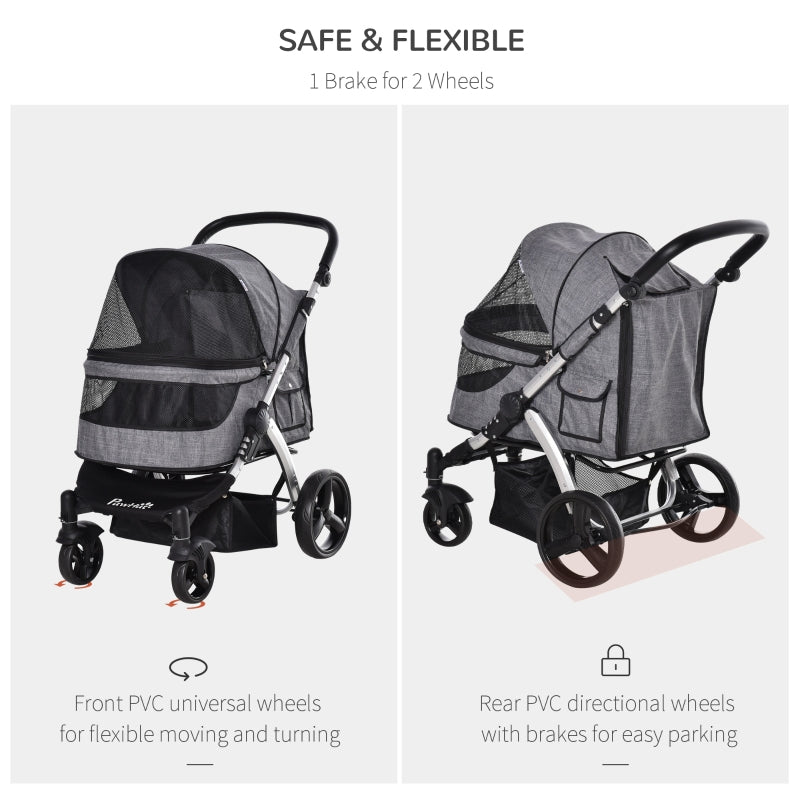 Pet stroller with adjustable canopy, gray body and black wheels, showing brake wheel details