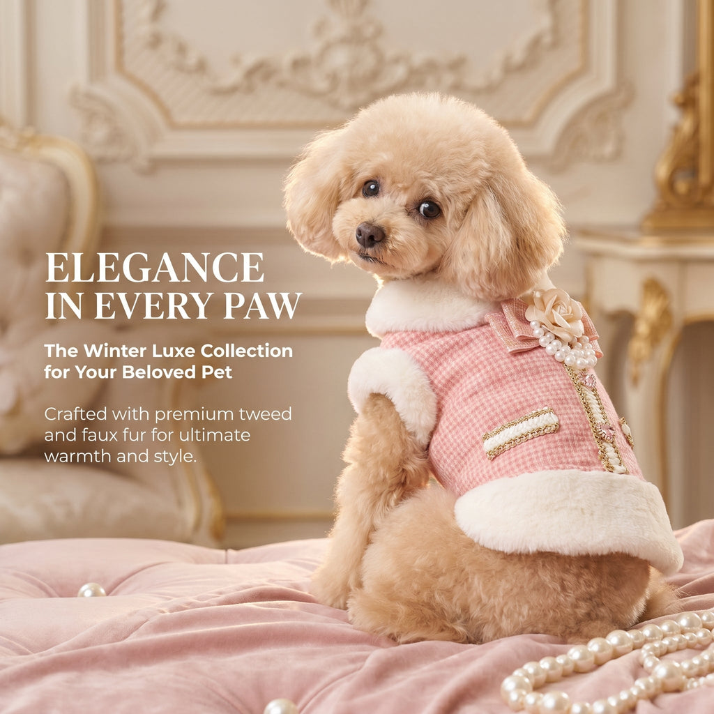 Pink tweed dog coat vest with faux fur trim, gold chain detail, and pearl flower
