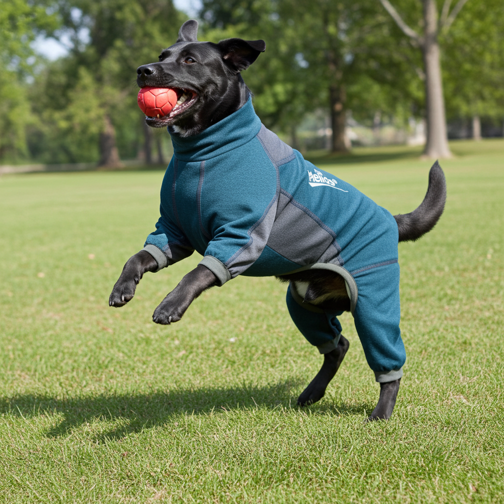 Teal performance dog tracksuit jacket with gray panels and high collar, zip front