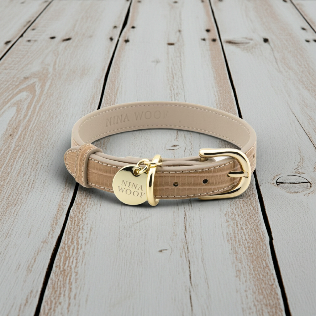 Beige vegan leather dog collar with gold buckle and engraved round tag
