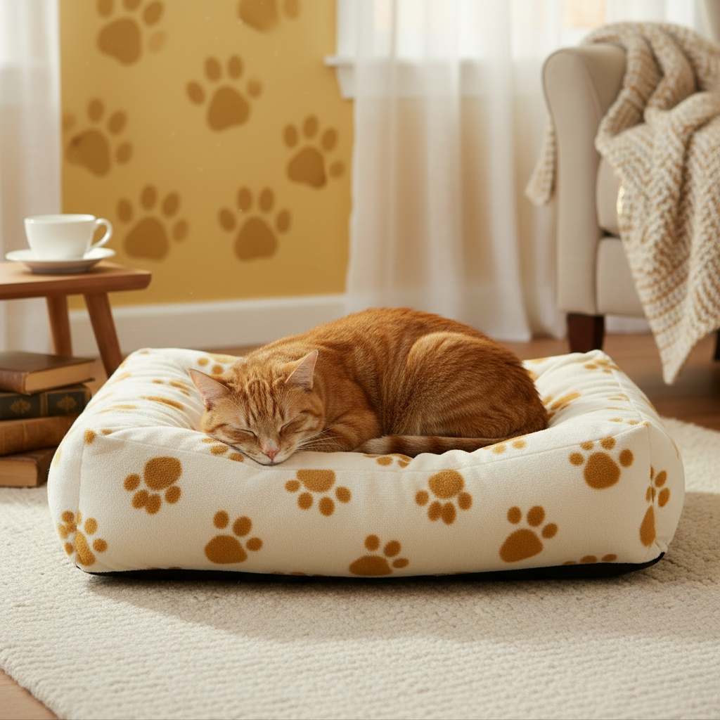 Cream pet bed with golden paw-print pattern, padded oval bolster