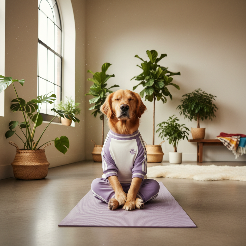 Purple dog yoga tracksuit hoodie with front chest emblem and hood, worn on seated dog