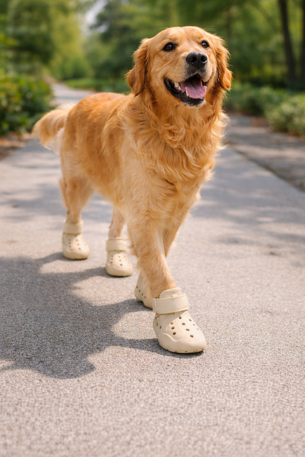 Beige dog boots with hook-and-loop strap, worn on front paws