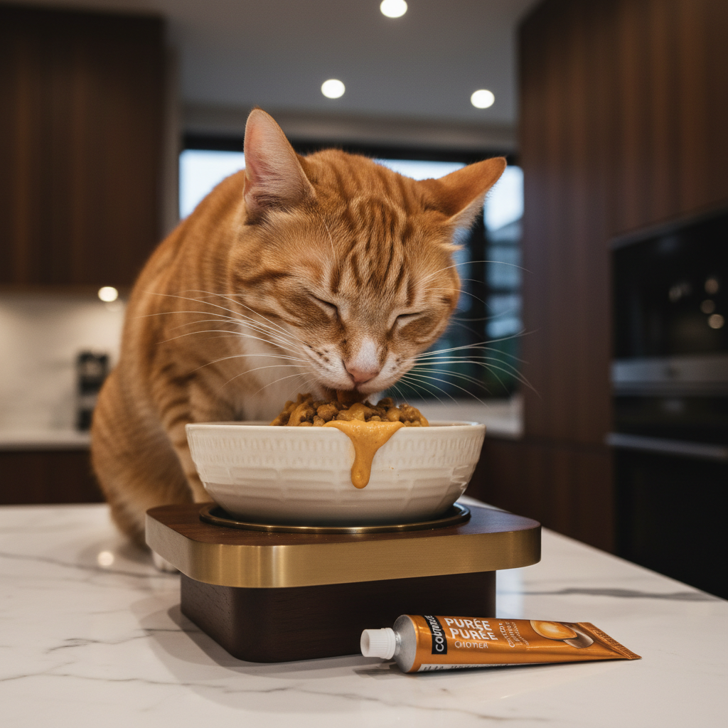 Chicken puree cat food topper in squeeze tube with bowl of wet food for cats