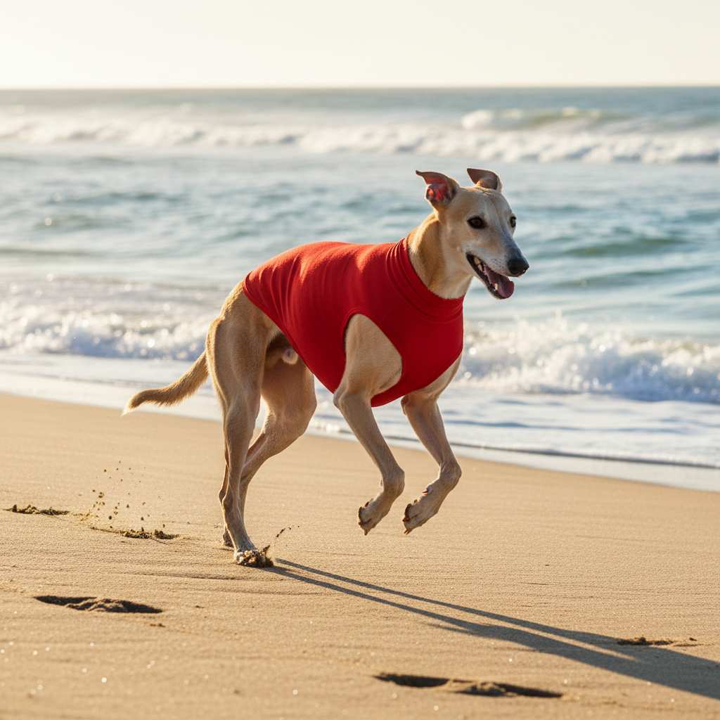 Red sleeveless dog tank top with round neck, fitted sporty stretch fabric