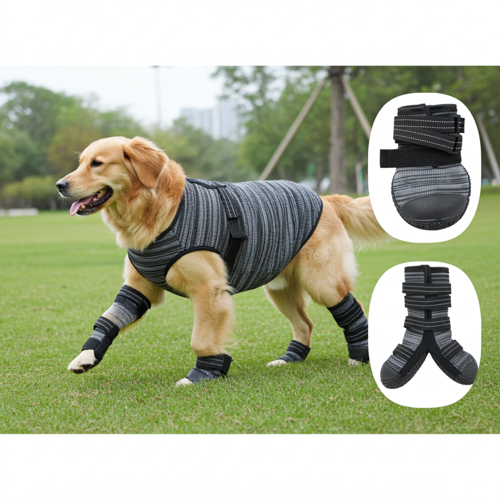 Ankle supporting black dog shoes with hook-and-loop straps and grippy sole, set of 4