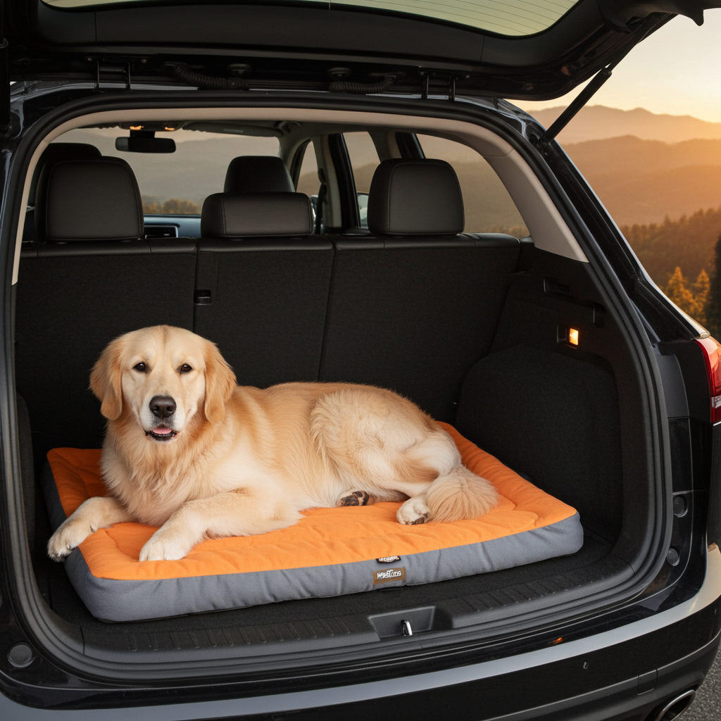 Reversible dog travel bed with orange fleece and gray base, dog in car trunk