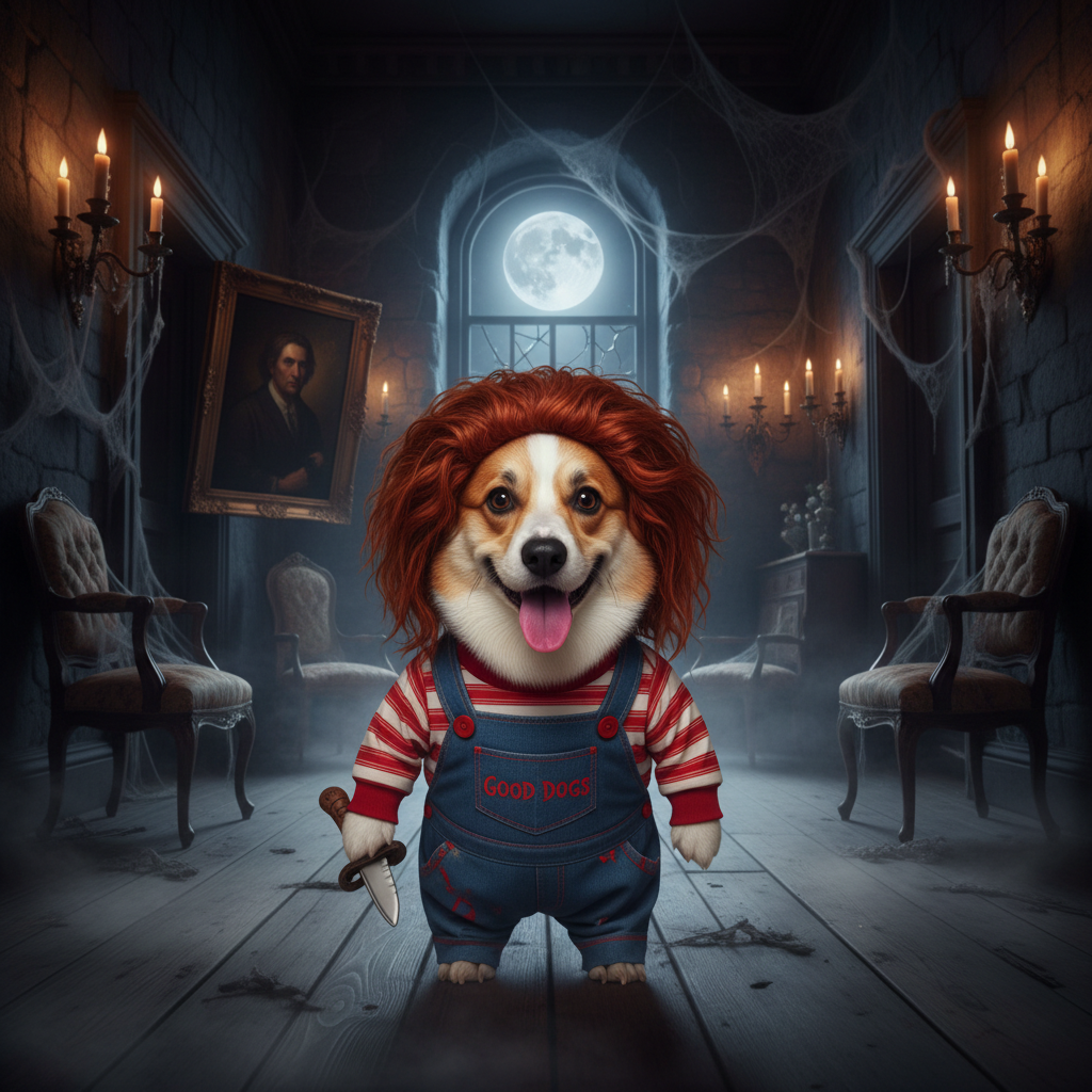 Red curly wig and striped red-white shirt with blue denim overalls, holding toy knife