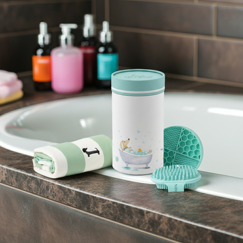 Dog bath grooming set on counter with white canister, rolled towel, teal brush, and lick mat