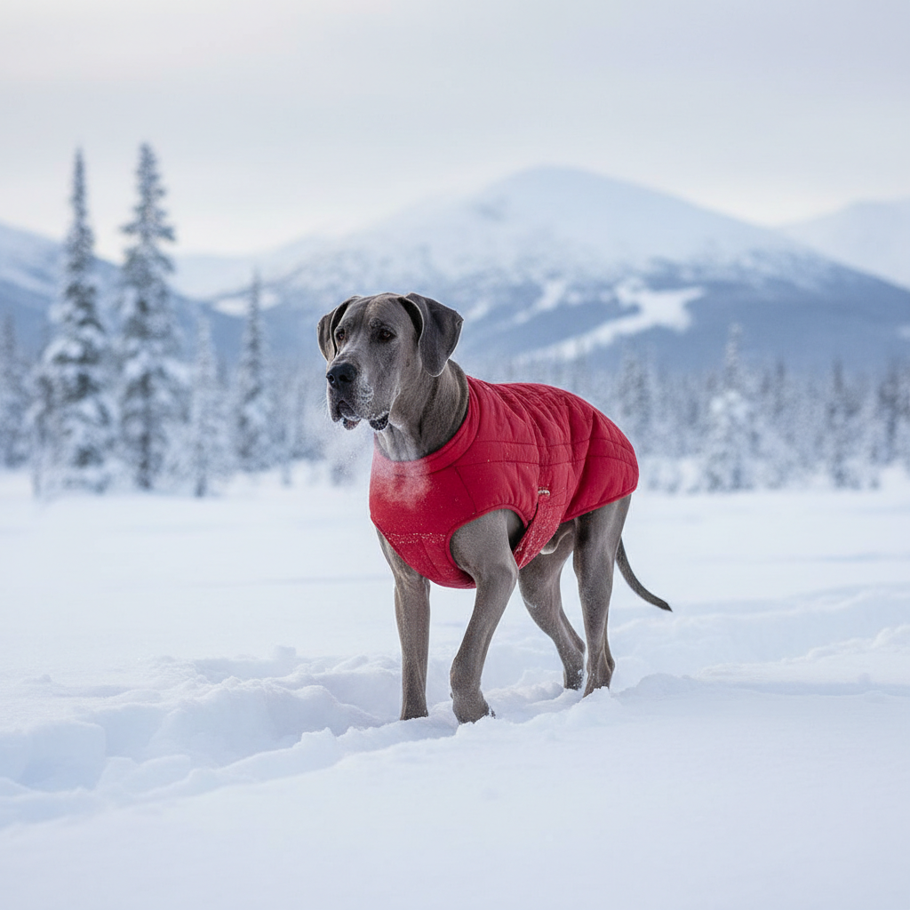Red padded dog coat with thick insulation, hoodless, relaxed fit for large dogs