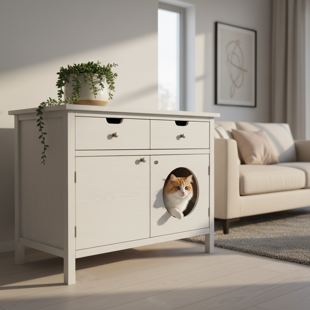 White wooden pet side cabinet with two drawers and round cat entry door