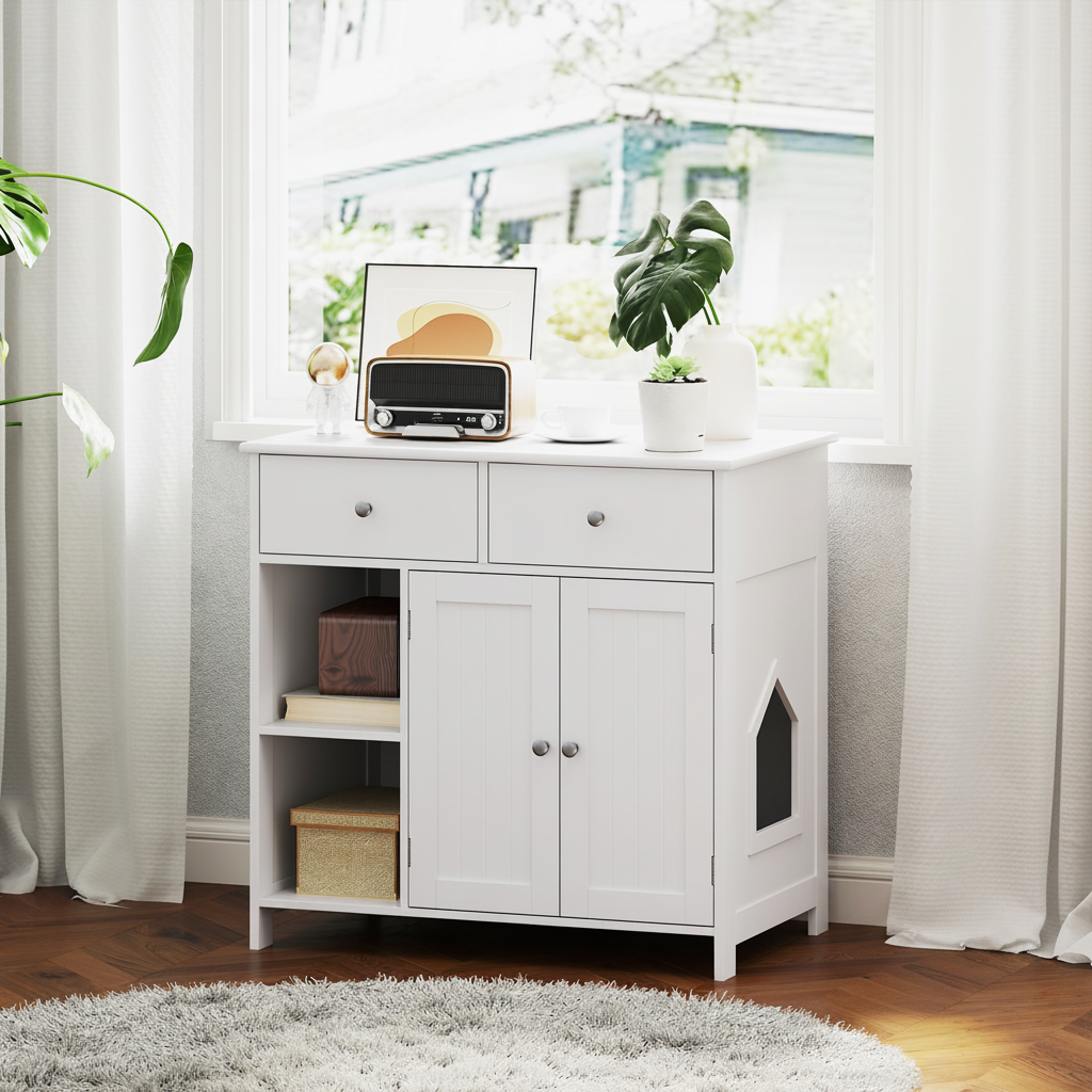White wooden pet washroom side cabinet with two drawers, double doors, and side access opening
