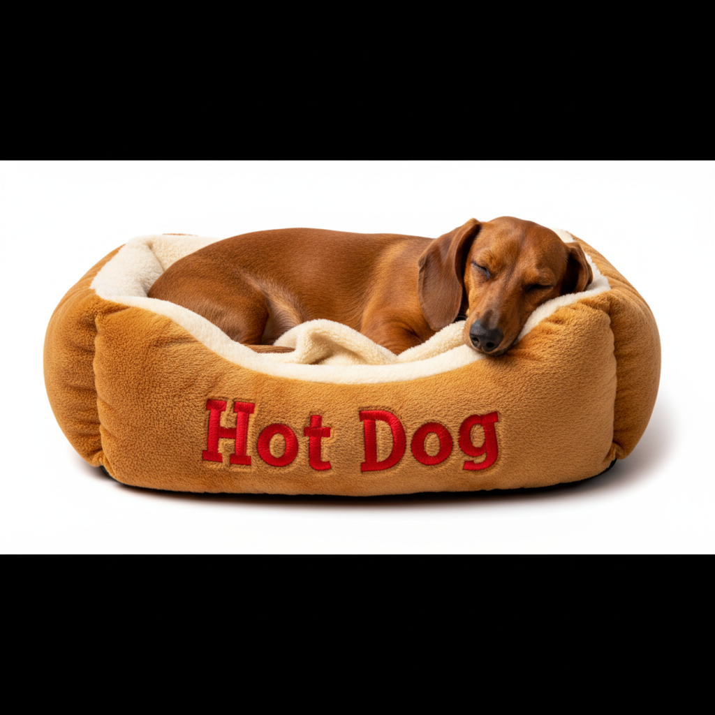 Hot dog-shaped pet bed in brown with embroidered 'Hot Dog' and sleeping dog
