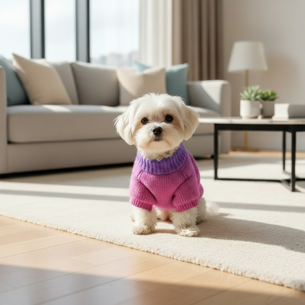 Knit pet sweater in bright pink with ribbed collar on a small white dog