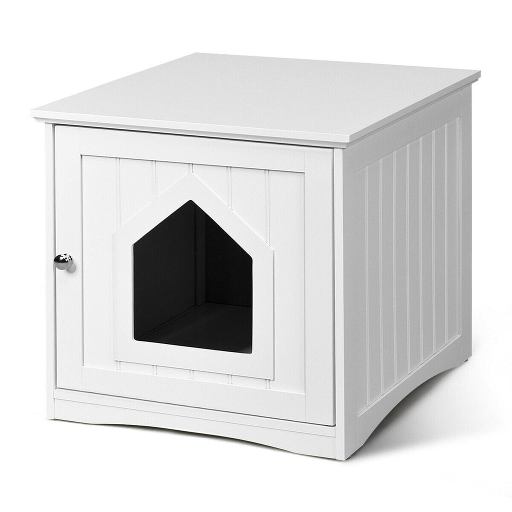 White cat house side table with front door and black triangular pet opening