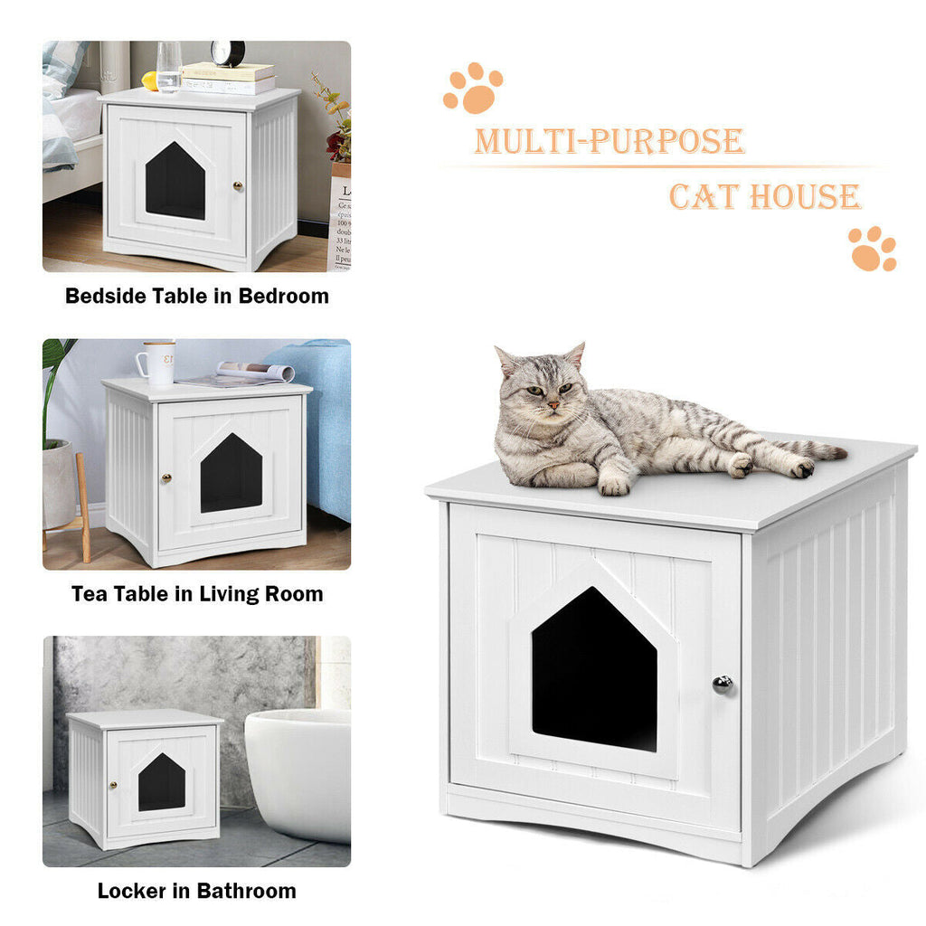 White cat house cabinet with black pet opening and gold knob on front door