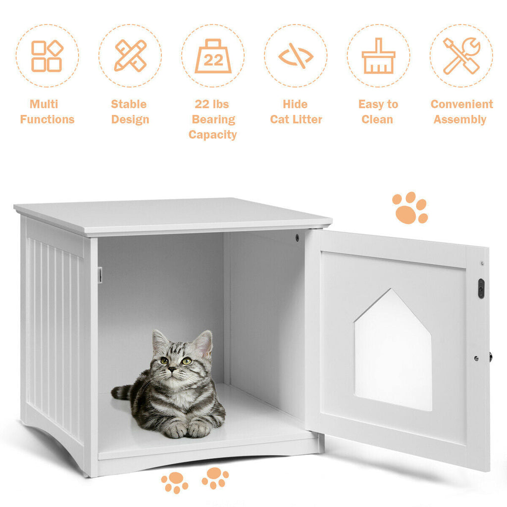 White cat house side table with open front door and grey litter tray, cat inside