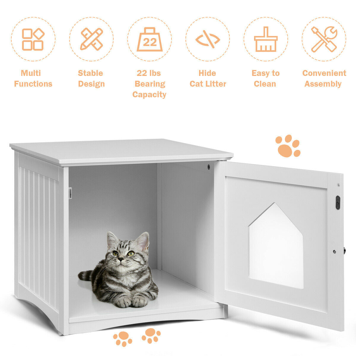 White cat house side table with open front door and grey litter tray, cat inside