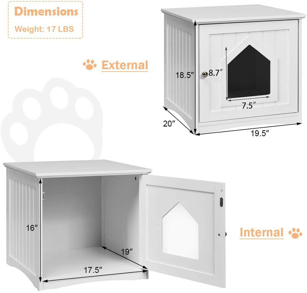 White cat house side table with front house opening and visible interior cavity