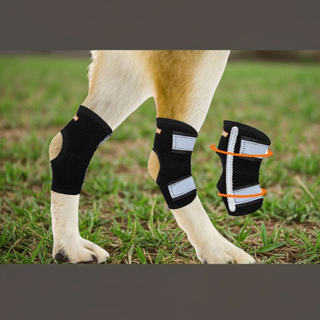 Black rear leg hock braces with adjustable straps on small dog legs