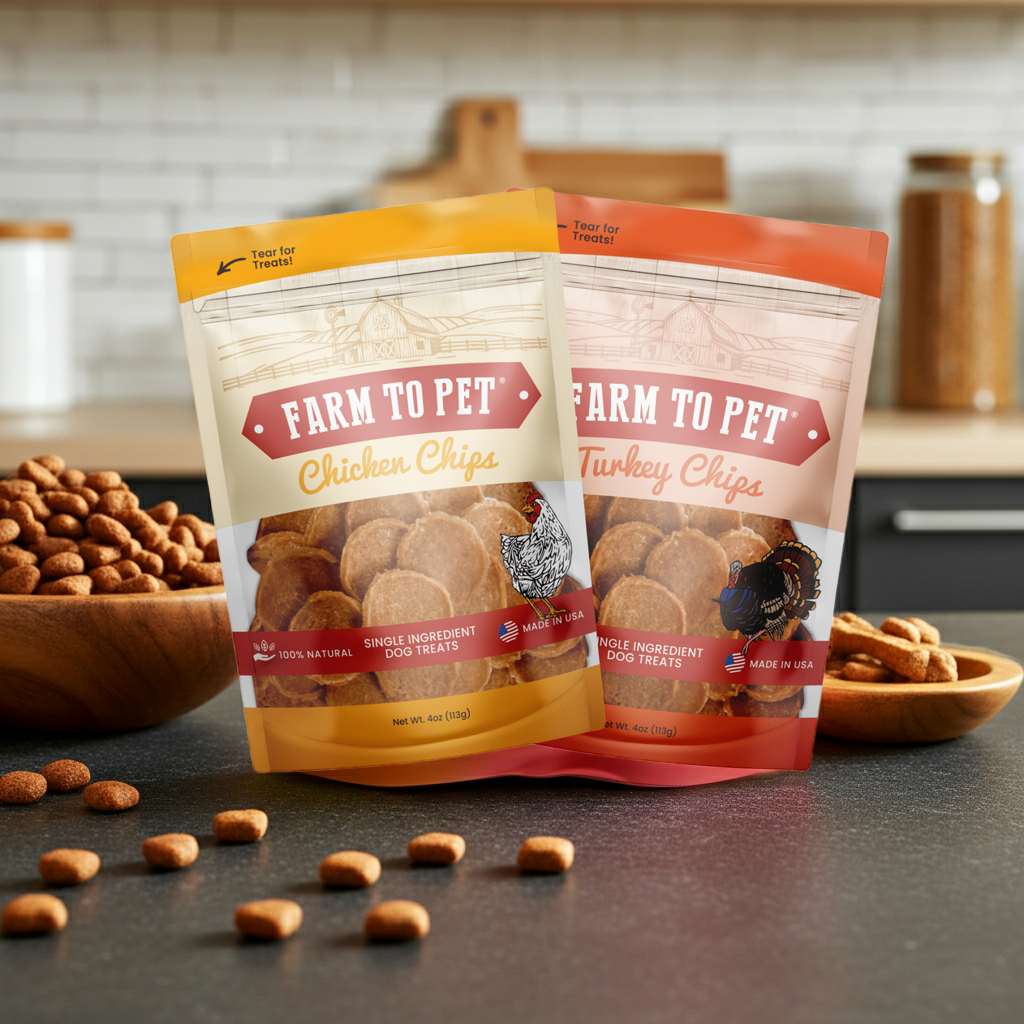 Dog treat duo packages of chicken chips and turkey chips for dogs, resealable bags