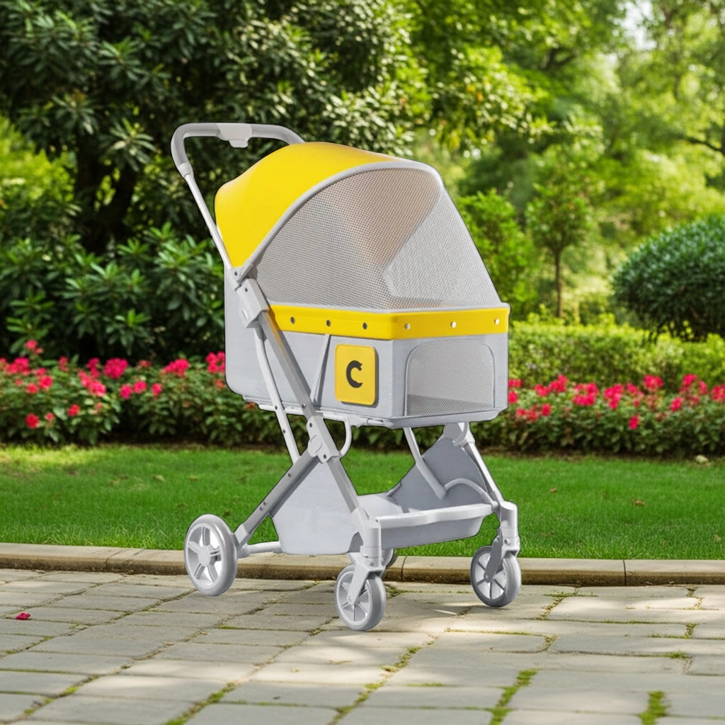 Maize yellow pet stroller with breathable mesh canopy, gray metal frame, 4 wheels