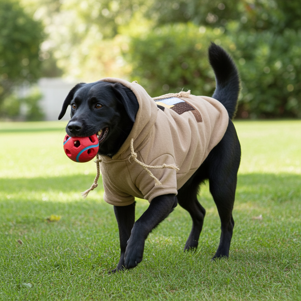 Beige four-legged winter jacket on black dog with hood and leash hole