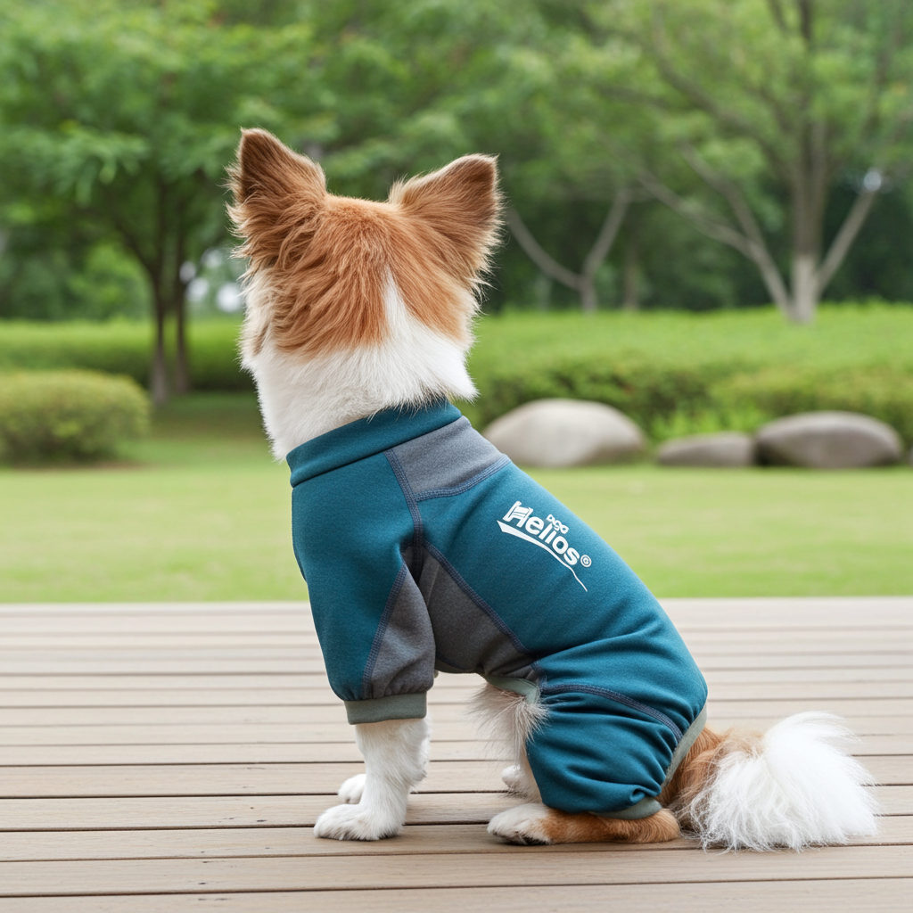 Blue and gray dog tracksuit jacket with zip front and Helios logo on chest