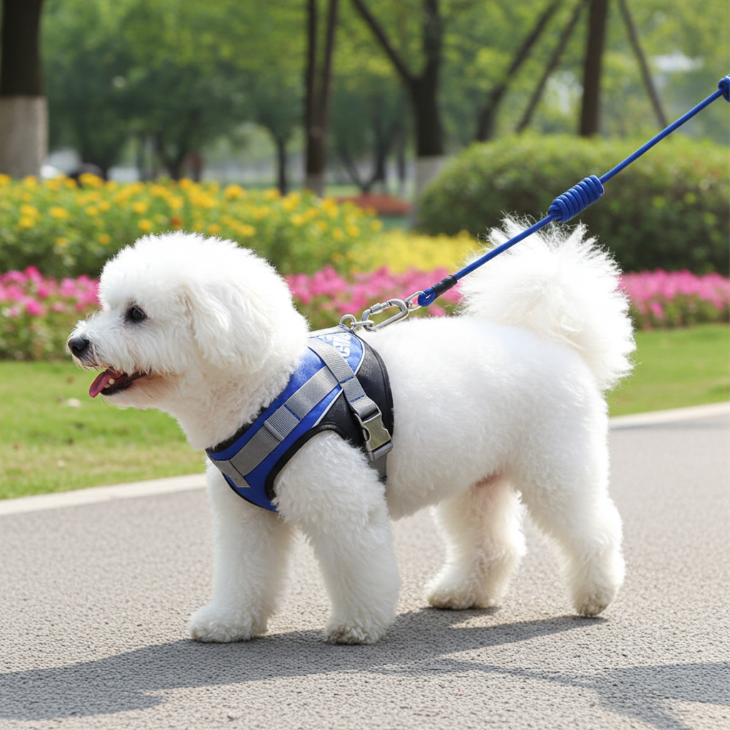 Blue reflective dog harness with leash on small white dog standing.