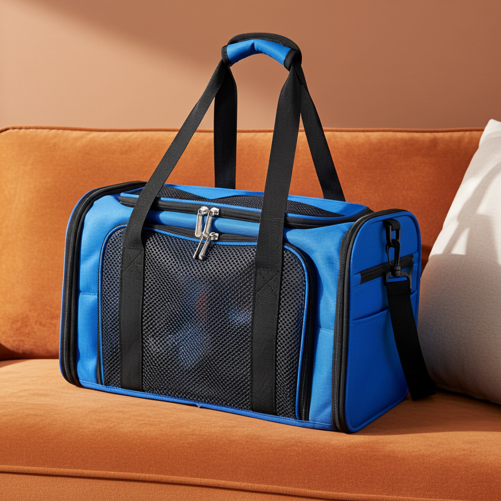 Soft-sided pet carrier, blue with black trim, front zipper door, carry handles